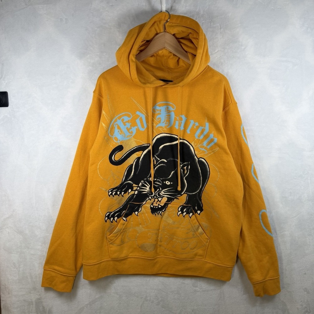Ed Hardy Hoodie Mens Large Yellow Panther Tattoo Graphic Fleece Pullover EHM1300